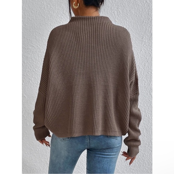 Casual Oversized Mock Neck Ribbed Knit Batwing Sleeve Sweater brown - Picture 4 of 6